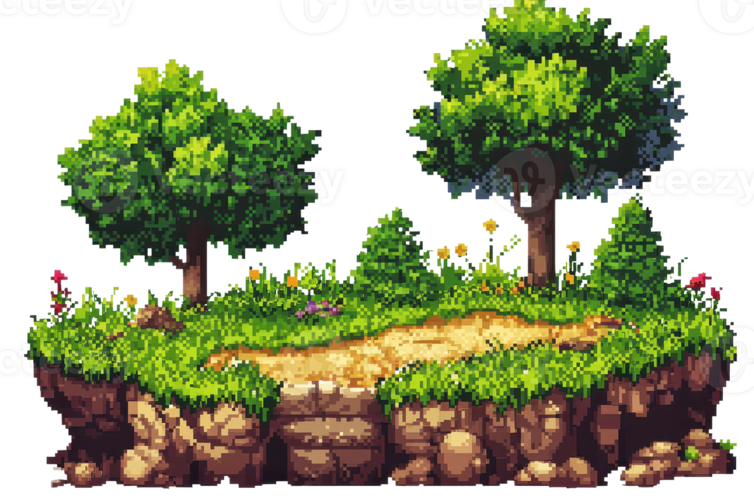 2D pixel art of a floating island with lush greenery, trees, and a dirt path, ideal for game backgrounds or fantasy designs. png