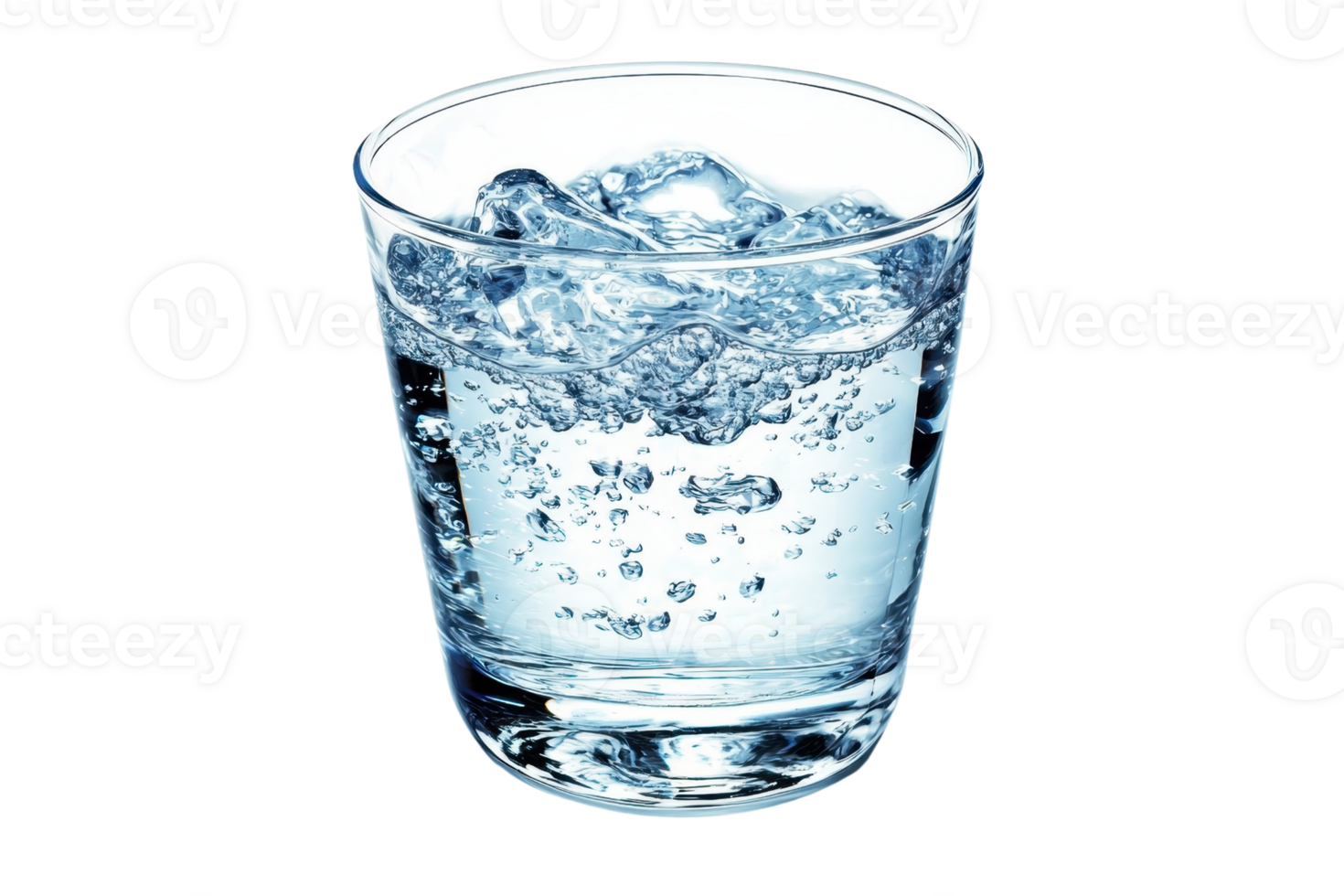 A clear glass filled with fresh, ice-cold water, showcasing refreshing bubbles and transparent ice cubes for a thirst-quenching image. png