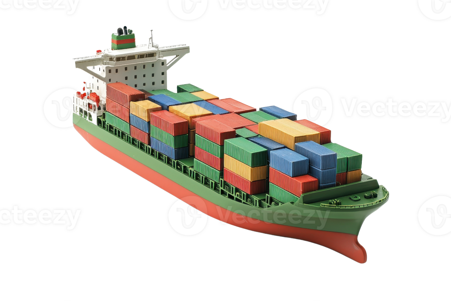 A large cargo ship carrying colorful shipping containers isolated on a transparent background. showcasing global logistics and maritime trade. png