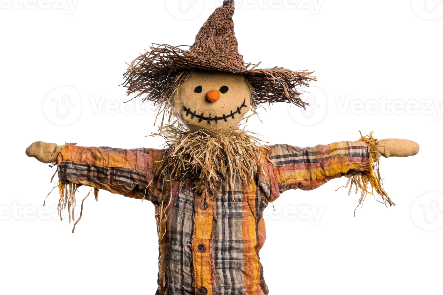 A cheerful scarecrow with a straw hat and plaid shirt, perfect for autumn or Halloween decoration, isolated on a transparent background. png