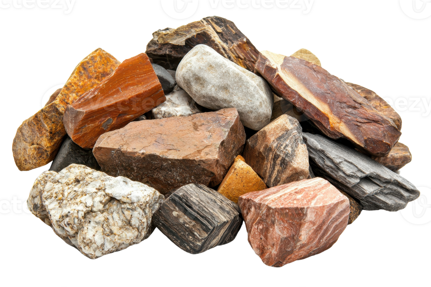 A diverse collection of various colored rocks and minerals, including granite, sandstone, and slate, isolated on a transparent background. png
