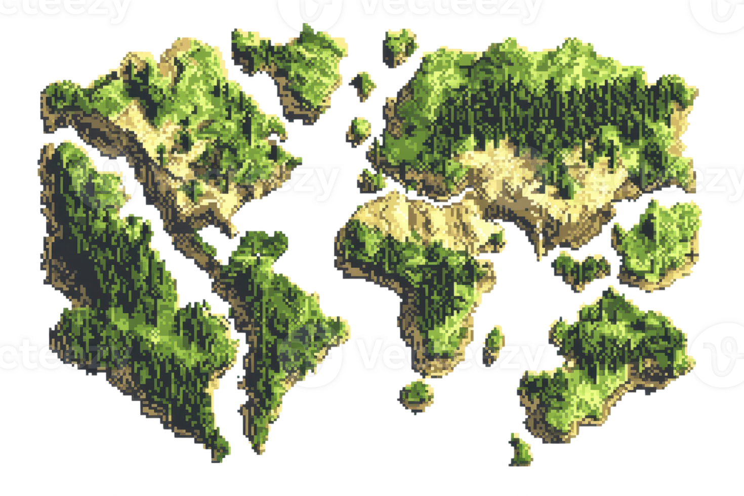 Abstract floating islands of lush greenery and rocky terrain. Digital illustration of fragmented land masses in a fantastical style. png