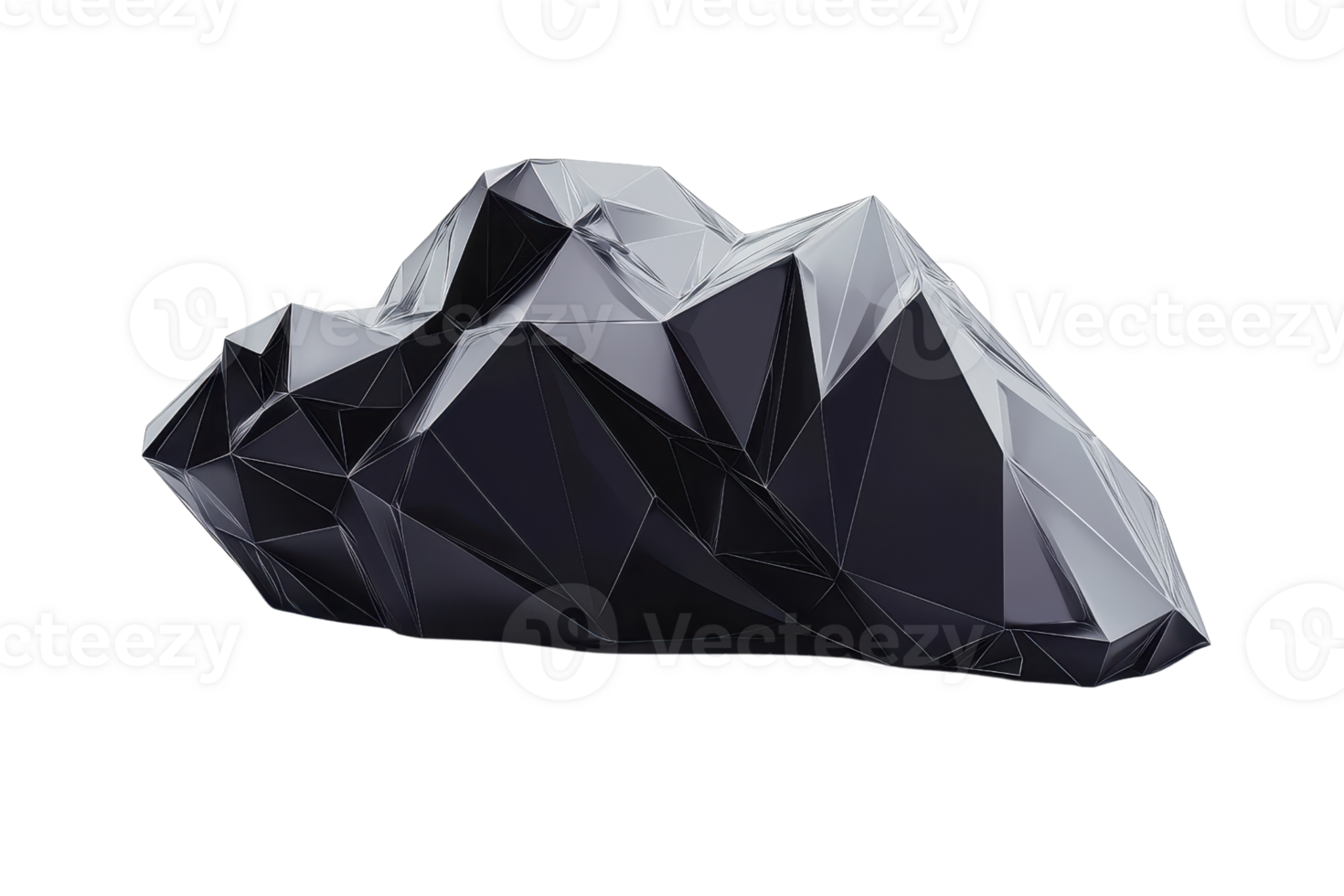Abstract low poly black cloud isolated on transparent background. 3D rendering of a geometric, faceted shape. Modern digital art concept. png