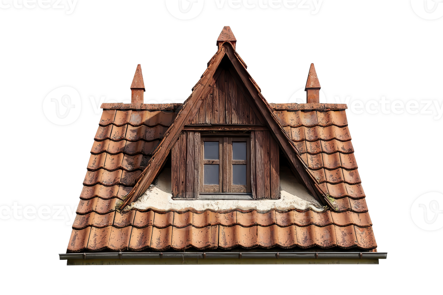 A quaint wooden dormer window with a red tiled roof, showcasing traditional architectural elements against a transparent background. png