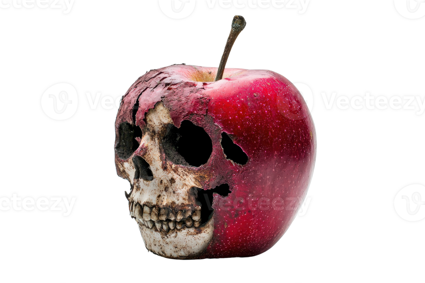 A red apple partially transformed into a human skull, symbolizing decay and the passage of time on a transparent background. png