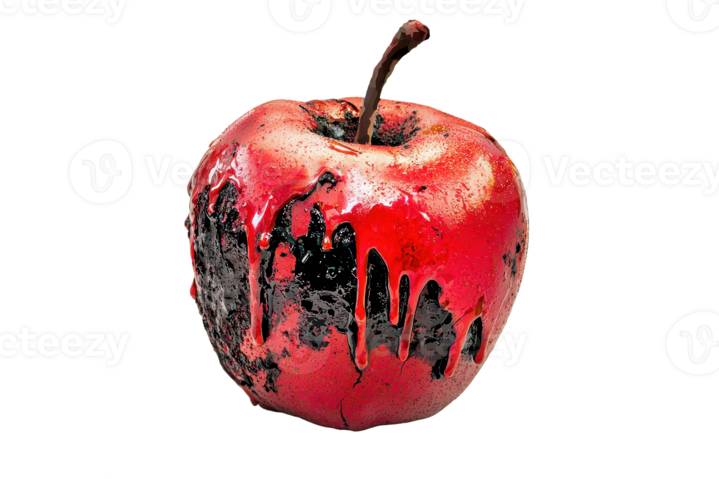 A red apple partially covered in black paint, isolated on a transparent background. Dynamic contrast symbolizing pollution or artistic expression. png