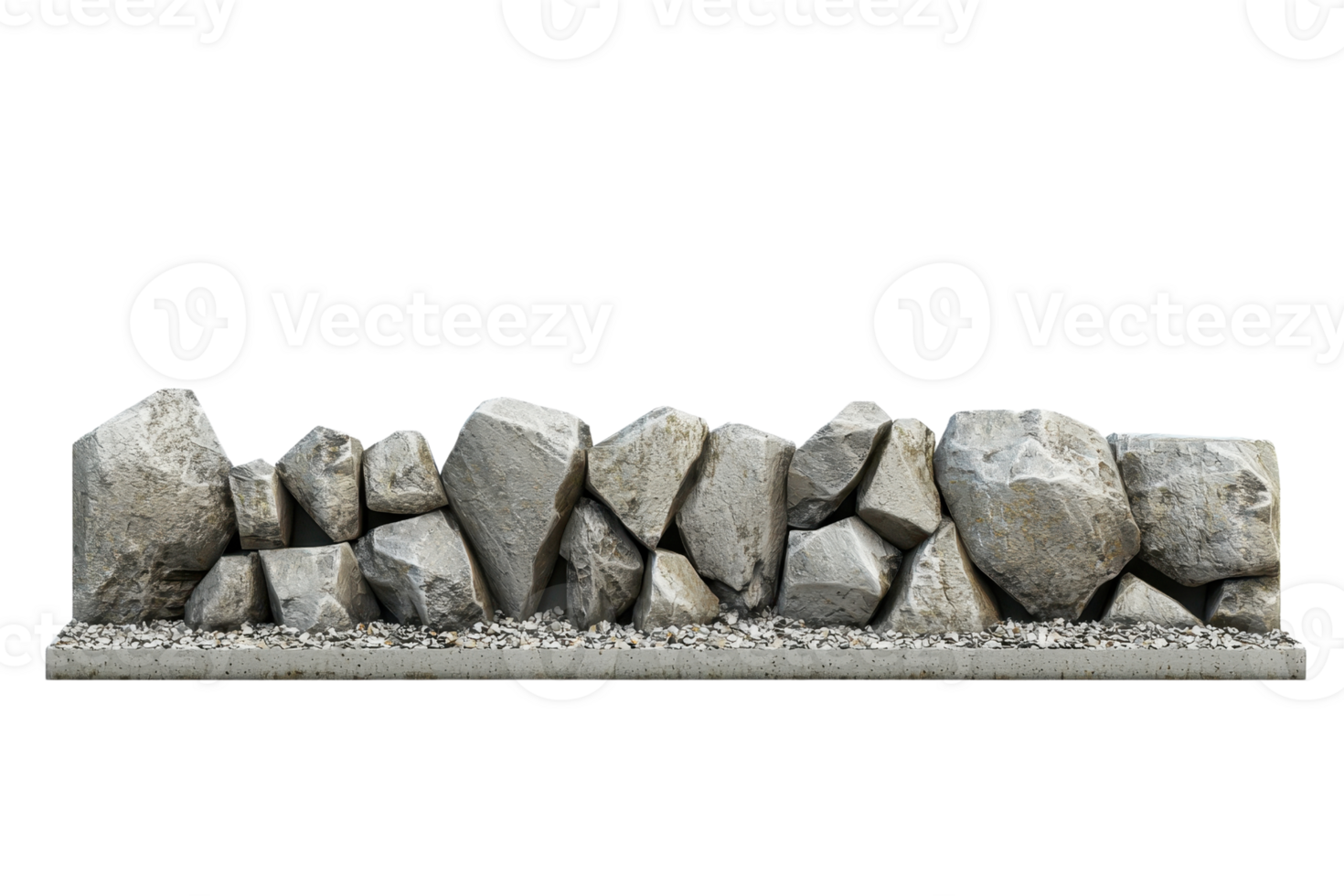A row of large, rugged rocks of various sizes and shapes arranged in a line, isolated on a transparent background. Perfect for textures and backgrounds. png