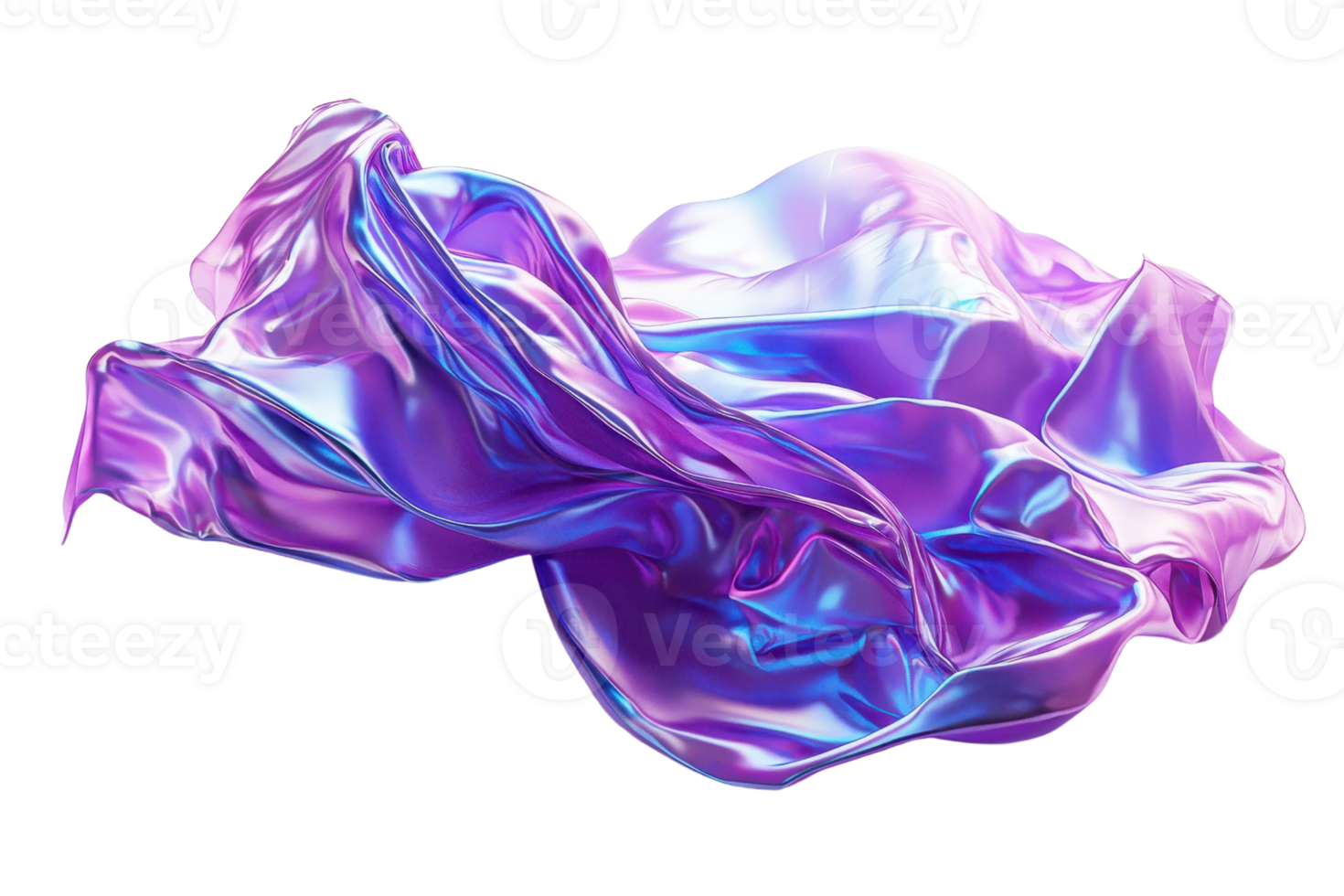 Abstract wave of iridescent metallic fabric in purple and blue colors, isolated on transparent background. digital rendering, 3D art concept. png
