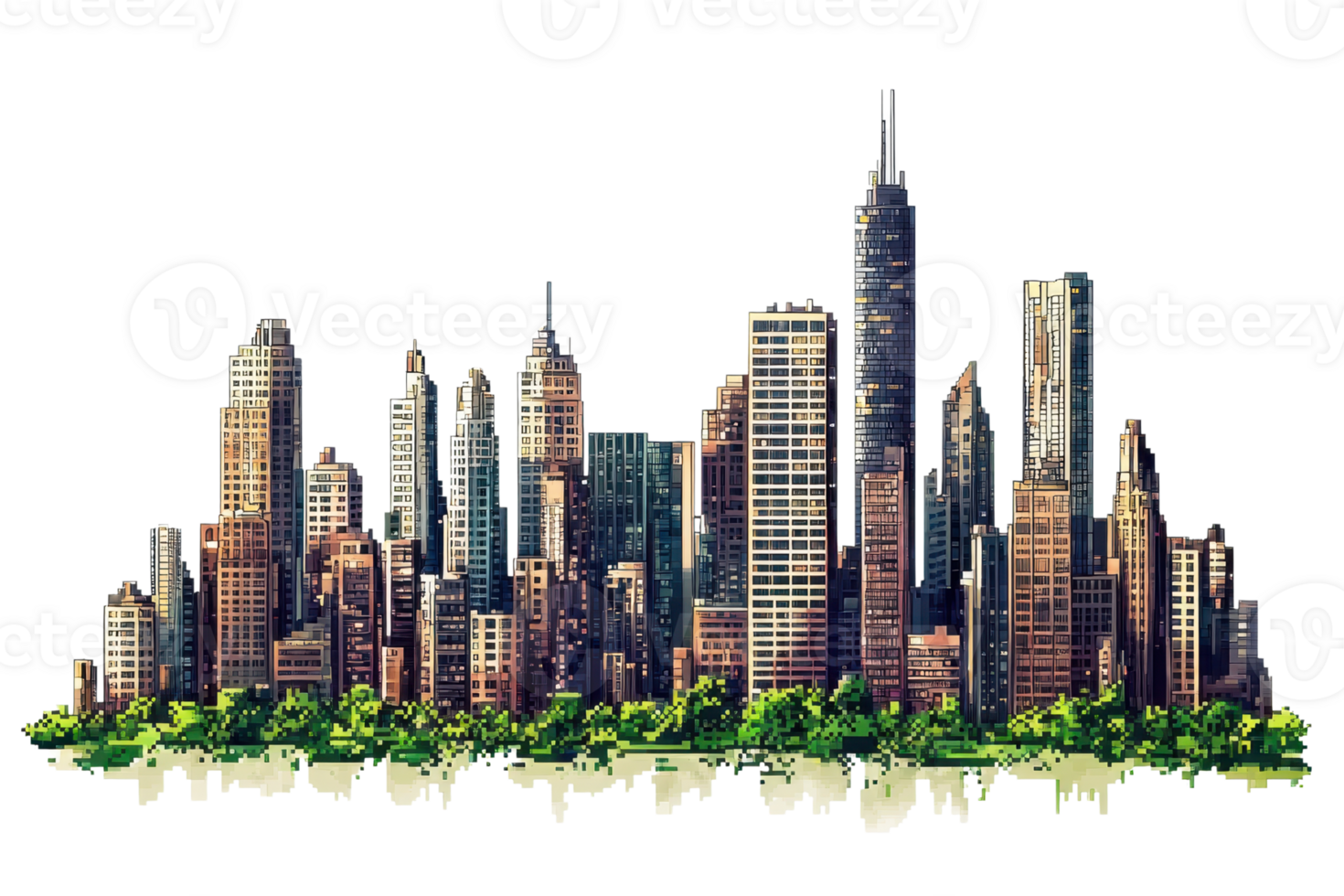 Artistic illustration of a modern urban city skyline with towering skyscrapers and greenery, representing metropolitan architecture and city life. png