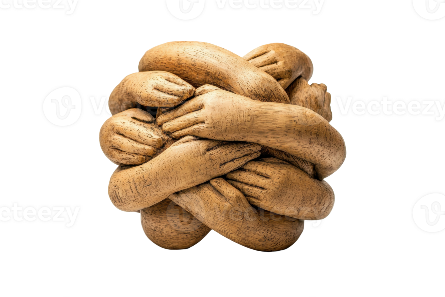Abstract wooden sculpture of intertwined hands symbolizing unity, collaboration, and teamwork, isolated on a transparent background. png