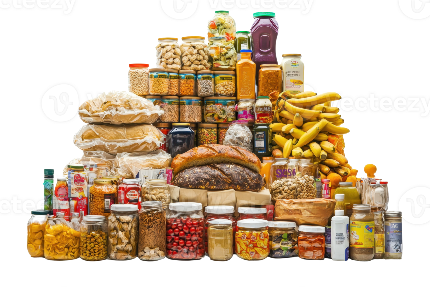 An assortment of various grocery items including fruits, bread, cereals, and jars, arranged neatly for display. Perfect for food-related projects. png
