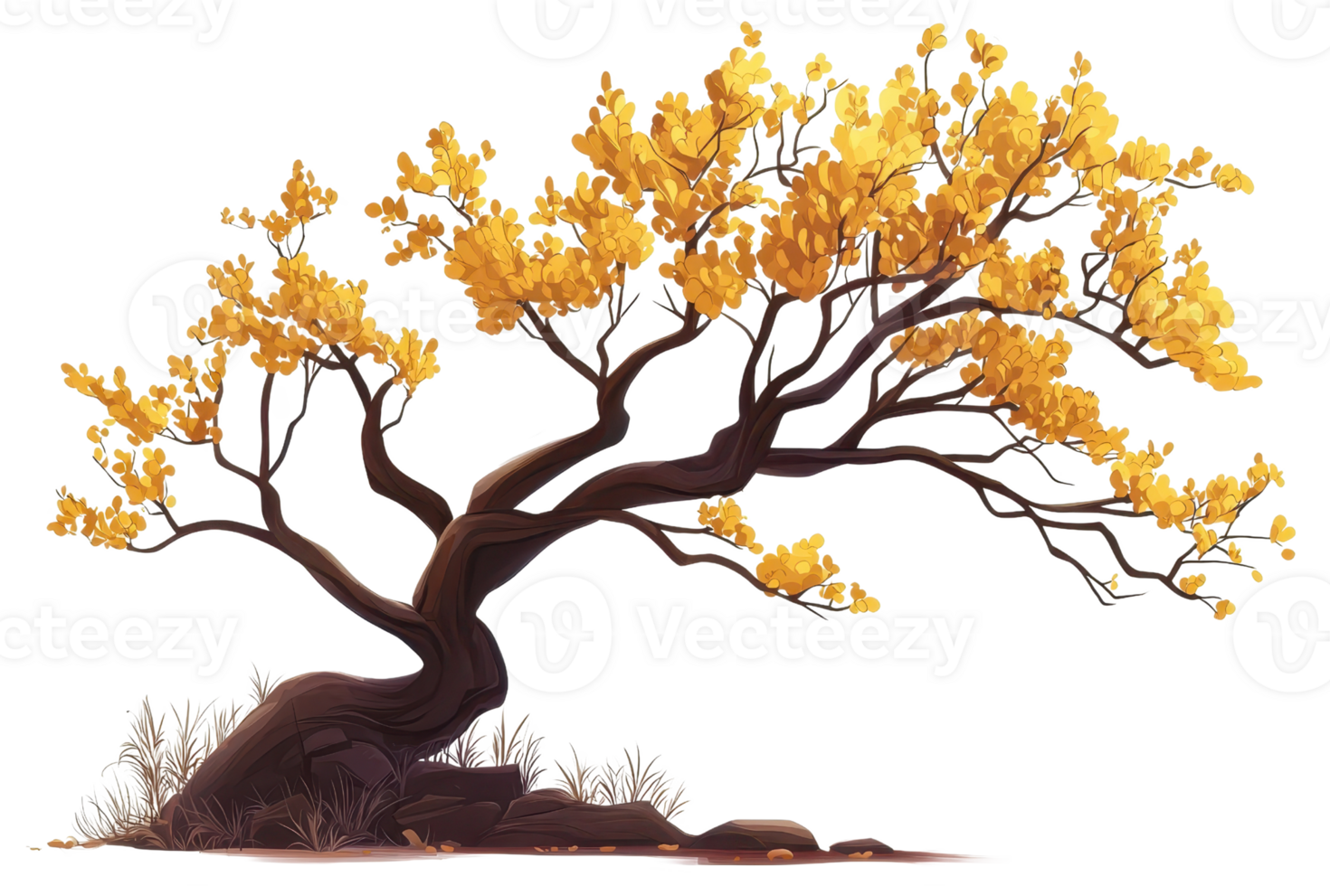 Artistic illustration of a yellow autumn tree with twisted branches and leaves. Beautiful digital artwork capturing nature's fall colors. png