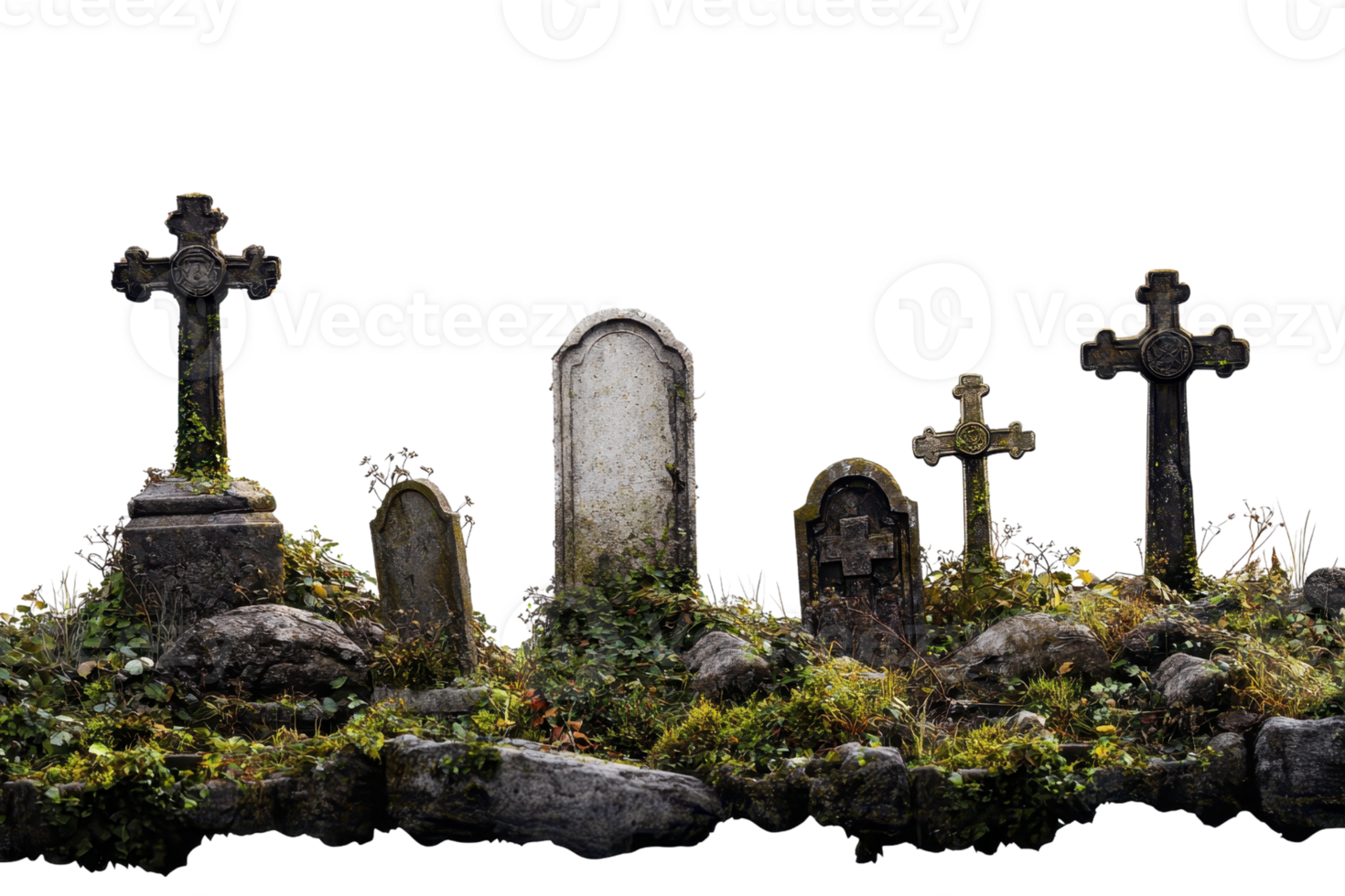 Ancient gravestones covered in moss and surrounded by rocks and grass, showcasing a historical cemetery scene with weathered memorials. png