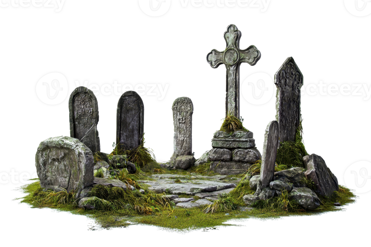 Ancient moss-covered tombstones and cross in an old, abandoned cemetery evoke a sense of history and tranquility. png