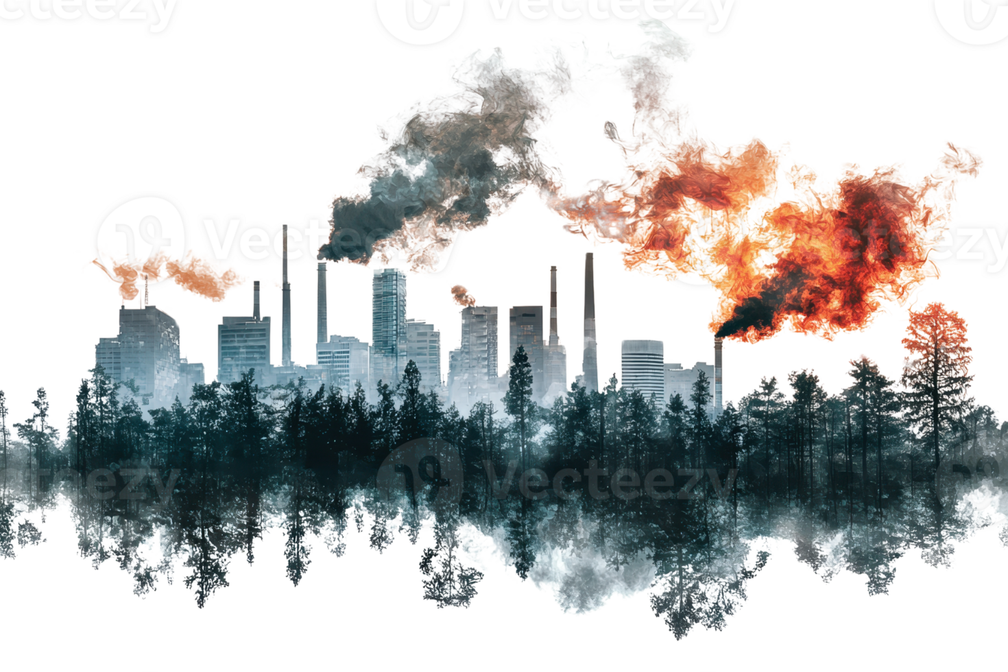 Artistic depiction of pollution in cityscape over forest, showcasing environmental impact. Smoky industrial skyline against nature backdrop. png