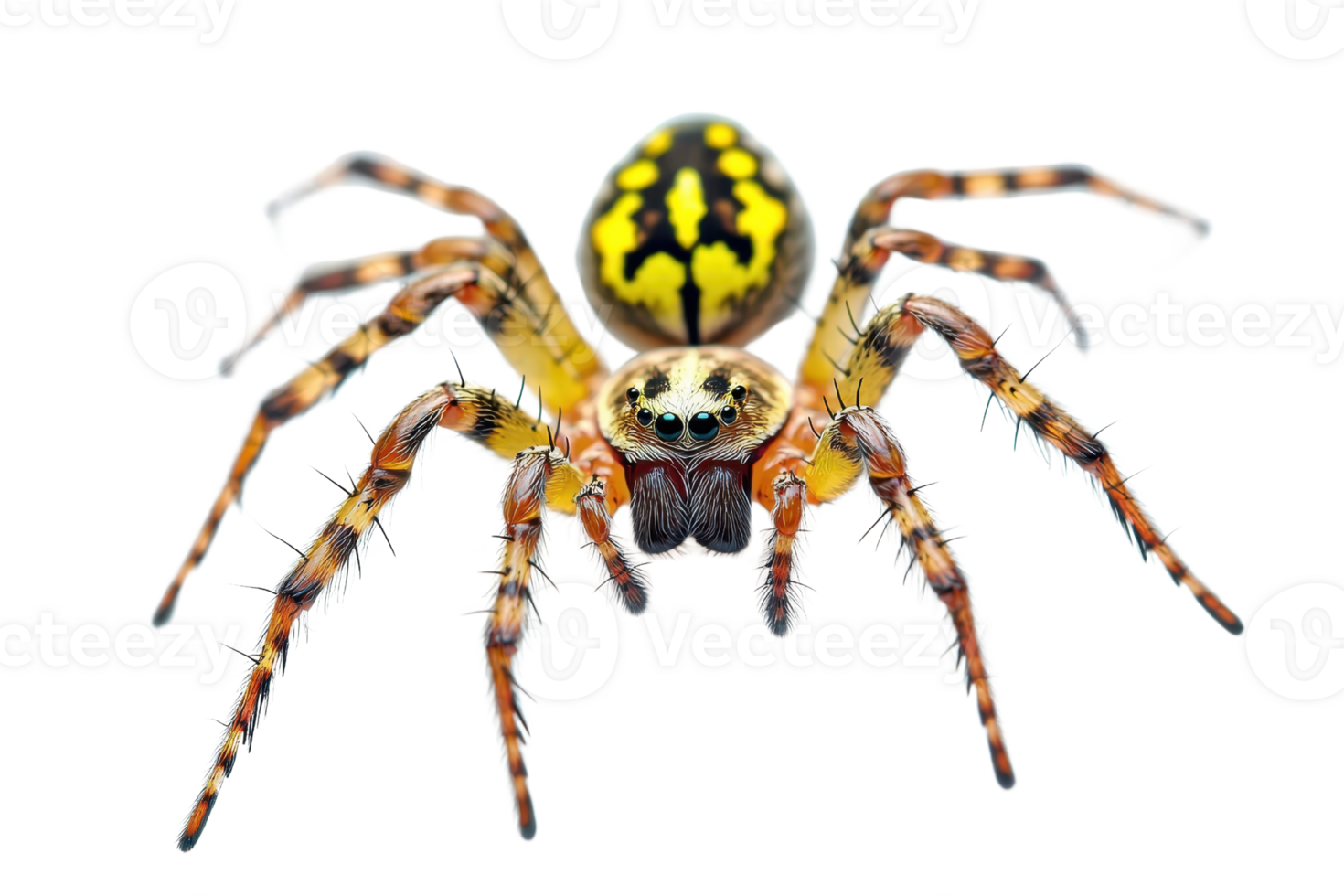 Close-up of a colorful spider with a striking pattern on its abdomen, isolated on a transparent background. png