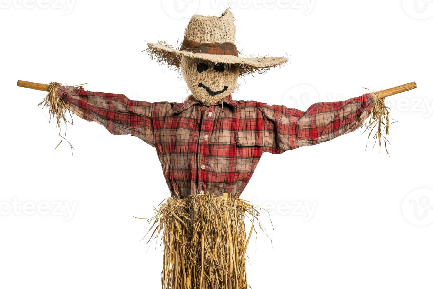 Cheerful scarecrow in a plaid shirt and straw hat against a transparent background. perfect for autumn and harvest-themed projects. png