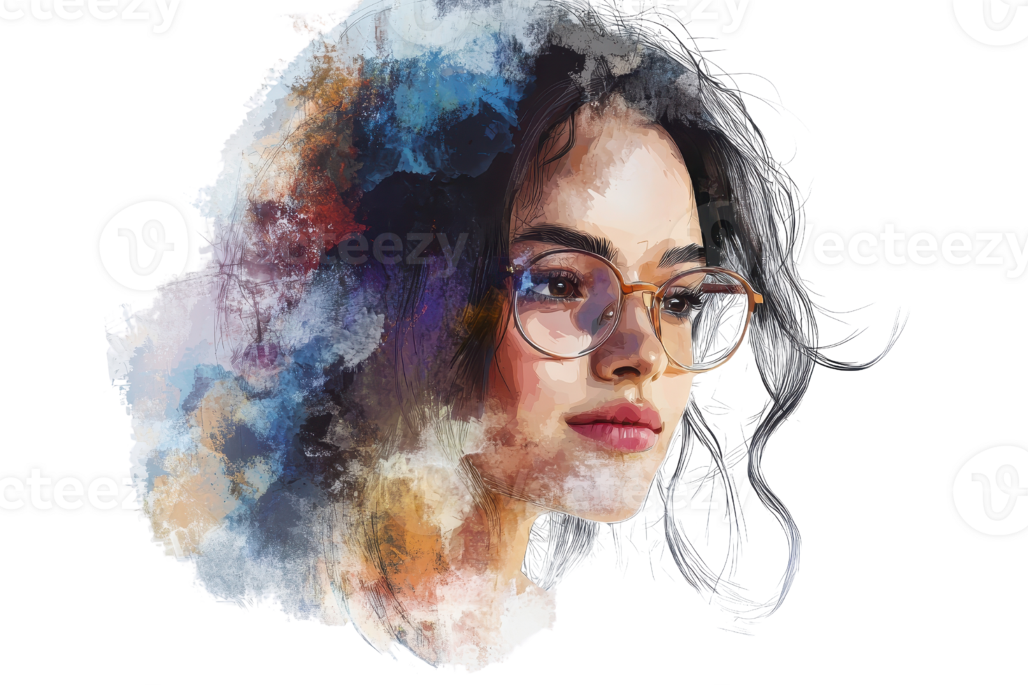 Artistic watercolor portrait of a thoughtful woman with glasses, showcasing colorful splashes and delicate brush strokes. png