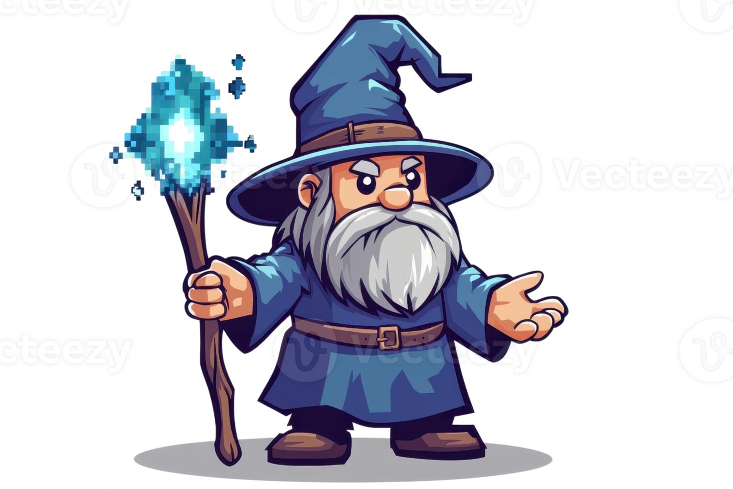 Cartoon of a wise old wizard in a blue robe and hat holding a glowing staff, isolated on a transparent background. png