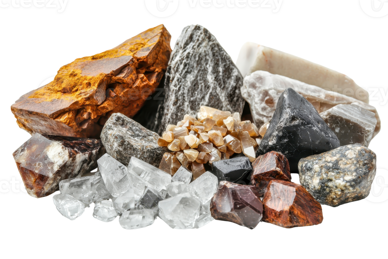 Collection of various raw gemstones and minerals in different shapes, colors, and sizes displayed on a transparent background. png