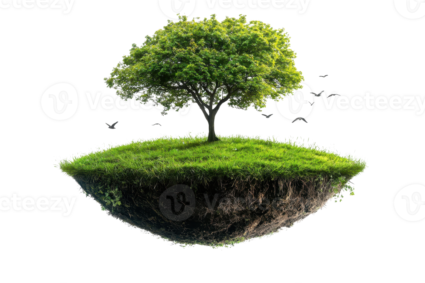 Floating island with lush green tree and grass, representing nature, growth, and environmental care, isolated on a transparent background. png