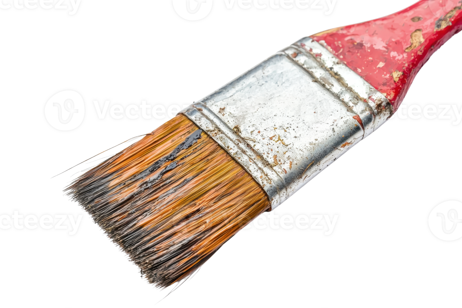 Close-up of a worn-out paintbrush with red handle and orange bristles, isolated on transparent background. png