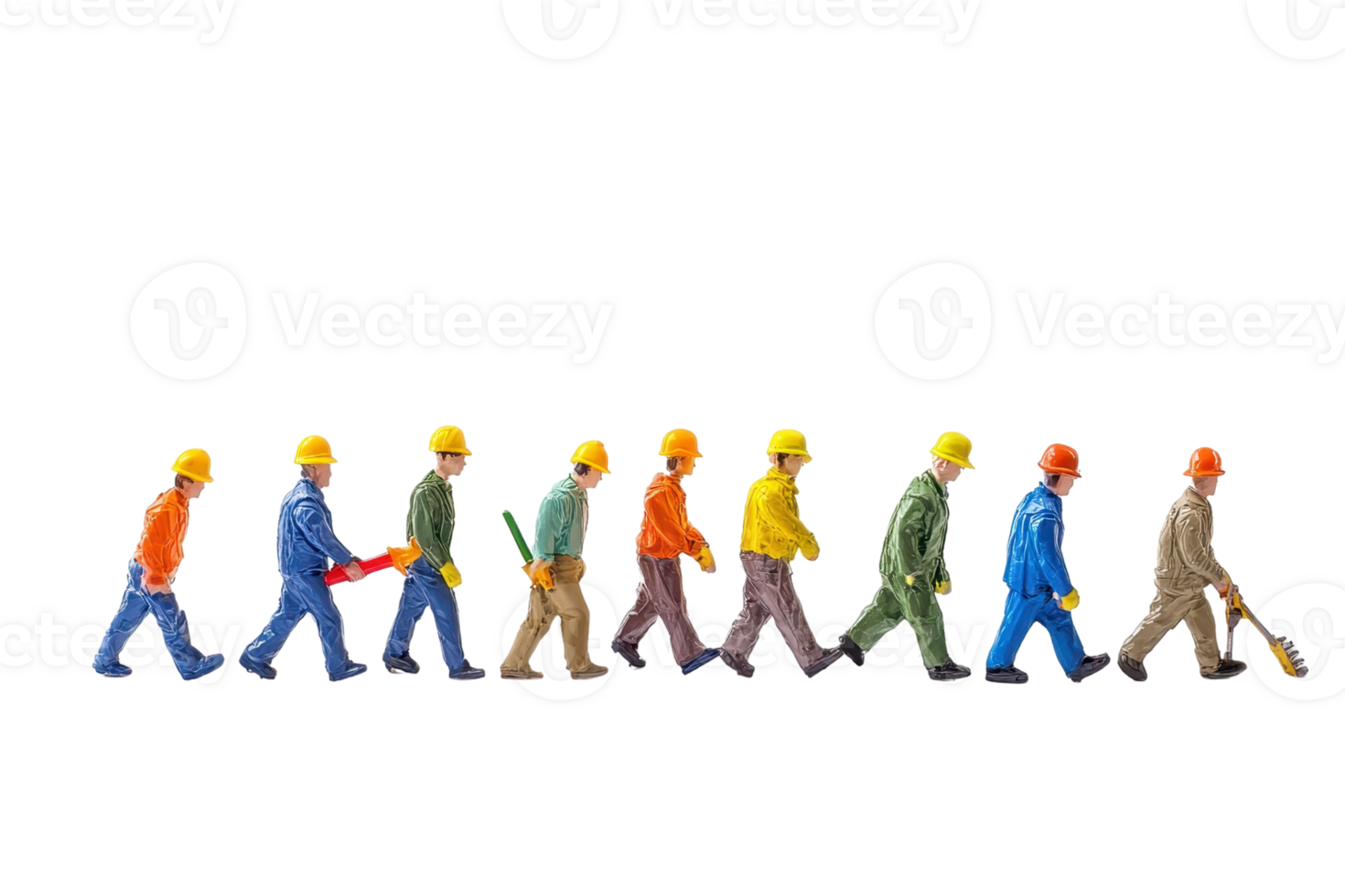 Miniature figurines of construction workers in a line, each wearing colorful attire and hard hats, representing teamwork and labor in the industry. png