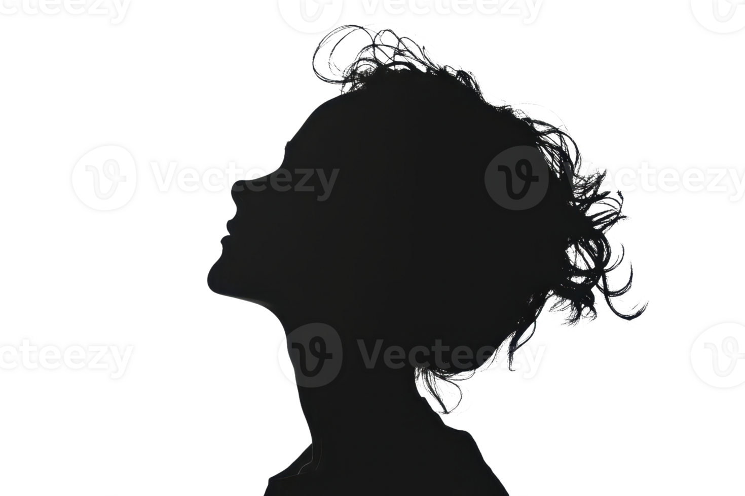 Silhouette of a woman with curly hair. Profile view, artistic, and dramatic shadow effect. Perfect for creative designs and conceptual themes. png