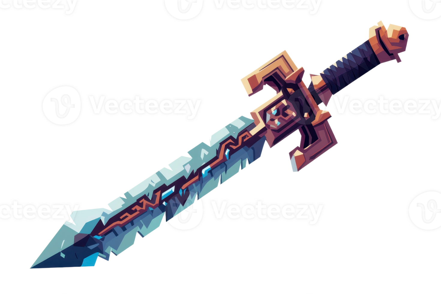 Fantasy sword with intricate design and glowing blue blade, perfect for role-playing games or medieval themed artwork. png