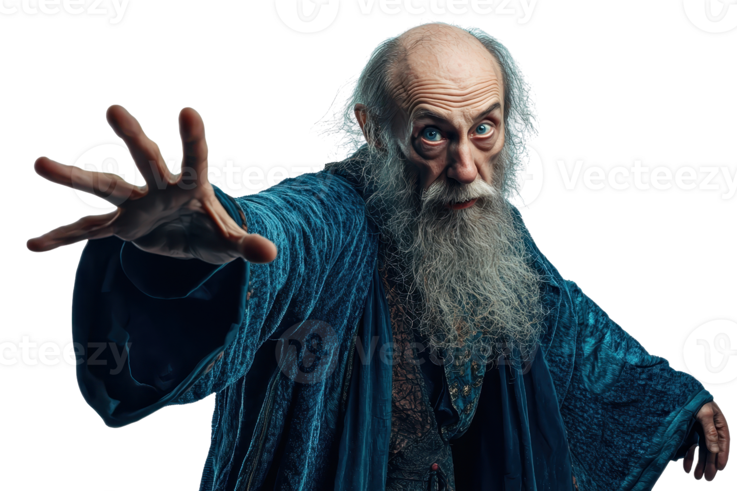 Elderly man dressed as a wizard or magician, casting a spell, isolated on a transparent background. Long white beard and mystical robes. png