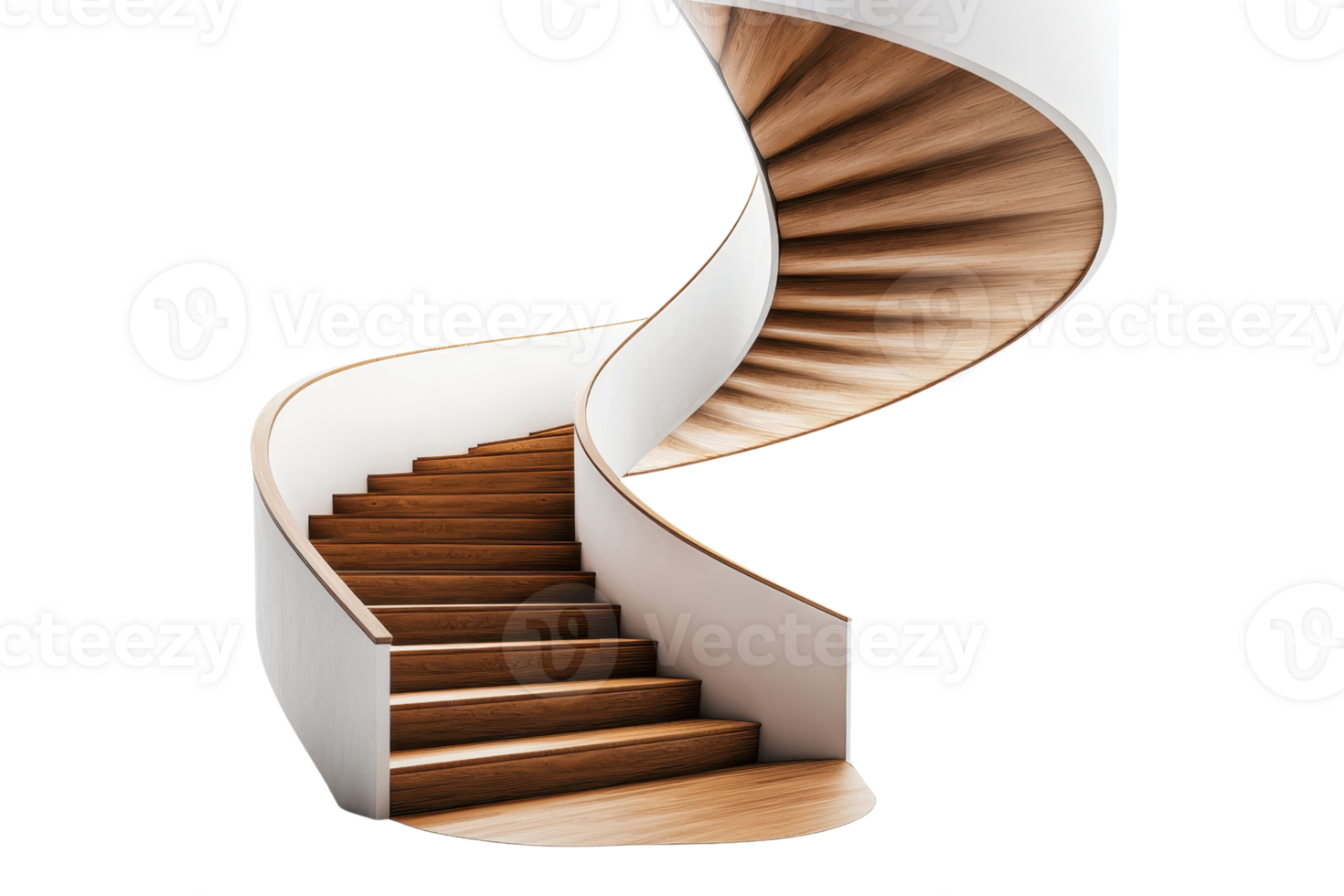 Elegant wooden spiral staircase with white railings in modern architectural design, showcasing seamless curves and craftsmanship. png