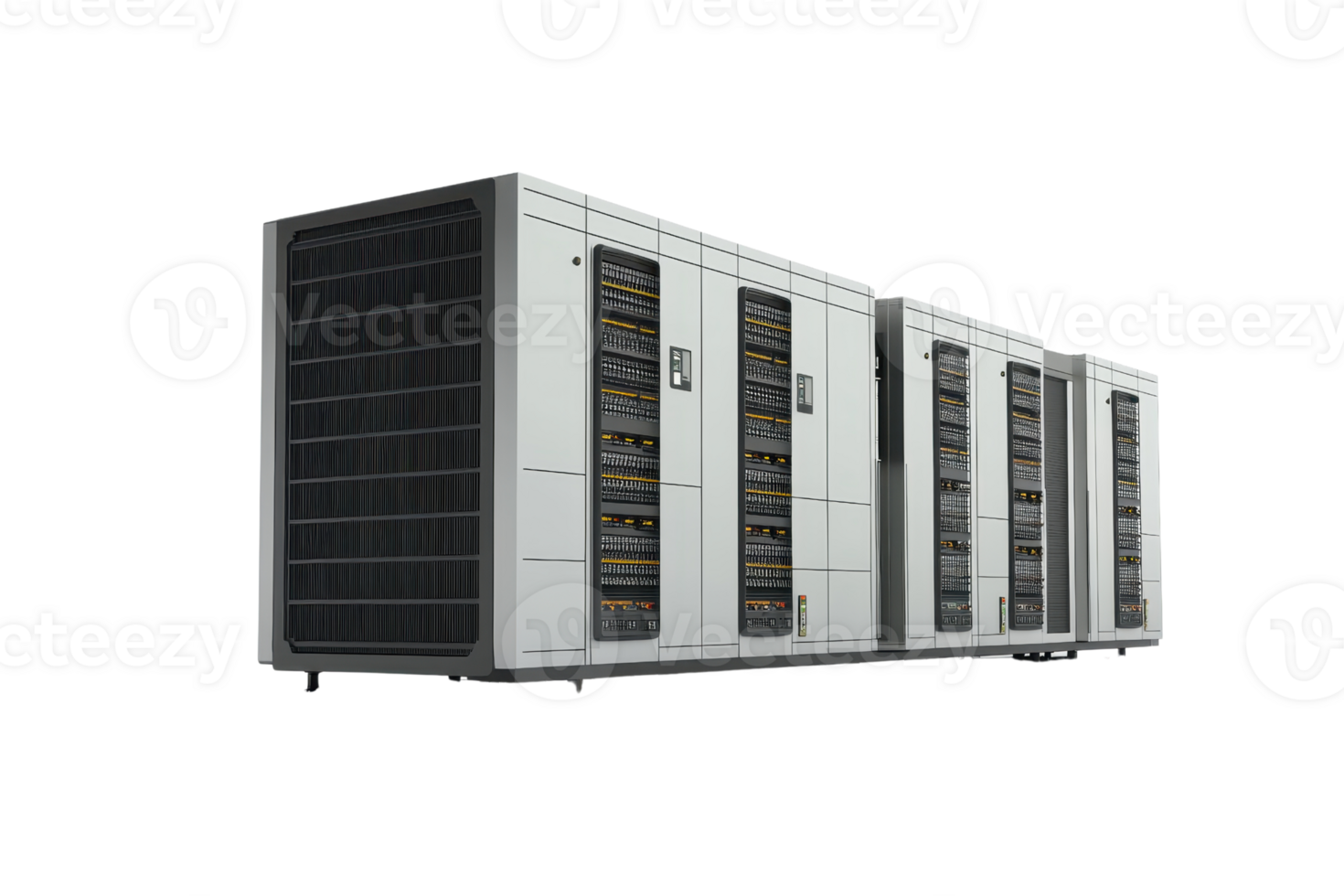 Modern data center servers in a high-tech environment, featuring advanced technology and efficient infrastructure for data storage and management. png