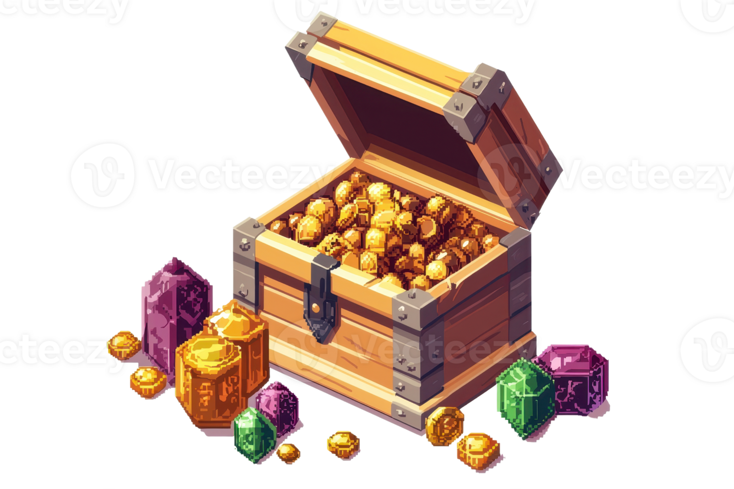 Open treasure chest filled with gold coins and surrounded by colorful gems, symbolizing wealth, fortune, and discovery. png