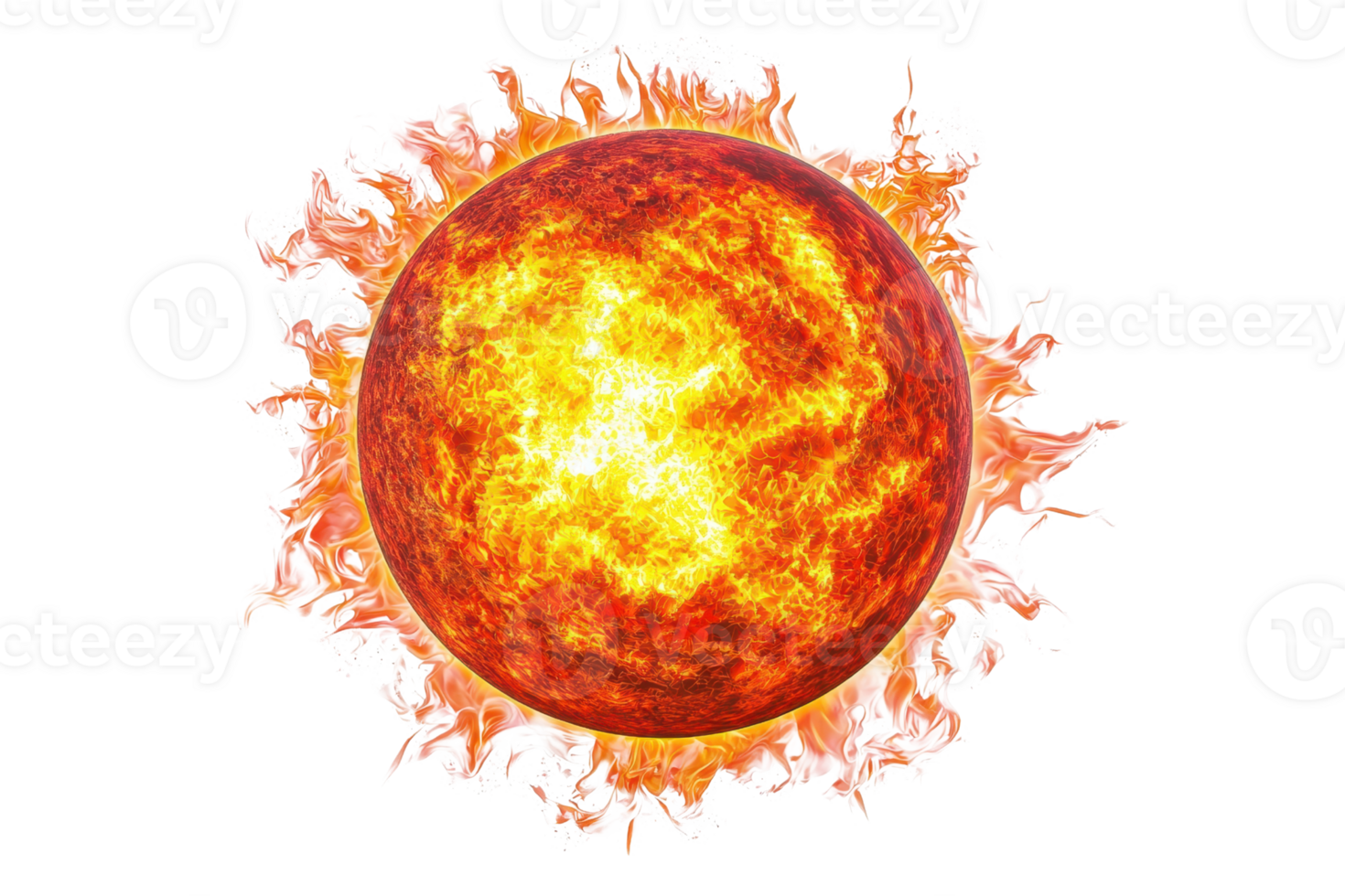 Bright, fiery sun with glowing flames and intense heat, representing solar energy and astronomical phenomena in outer space. png