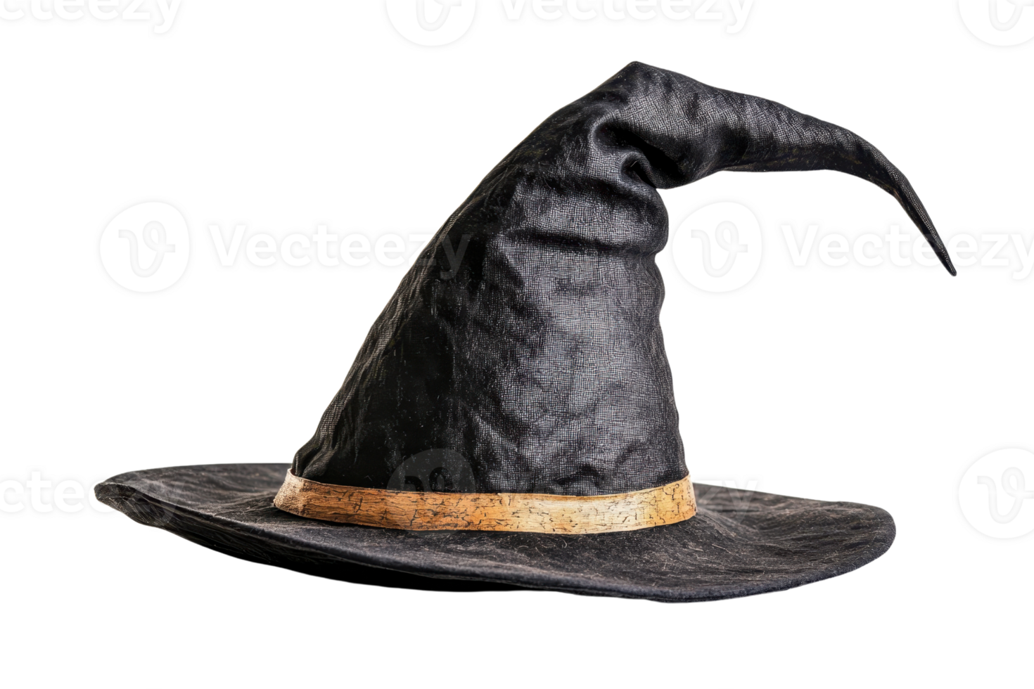 Close-up image of a classic black witch hat with a pointed tip and a decorative band, perfect for Halloween or magical themes. png