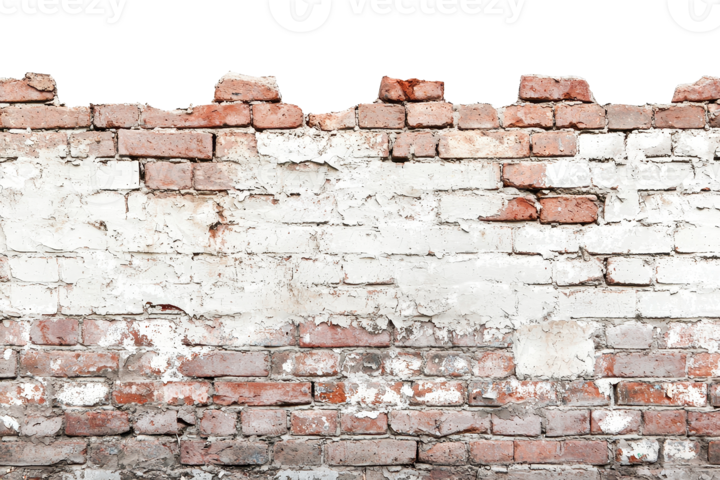 Old brick wall with white plaster partially worn off, revealing the red bricks underneath. Perfect for urban and vintage backgrounds. png