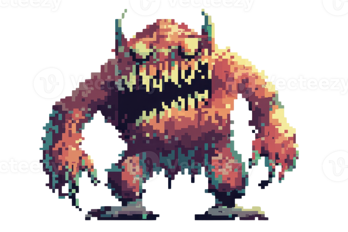 Pixel art depiction of a large orange monster with sharp teeth and horns, standing menacingly. Ideal for retro game designs and fantasy themes. png