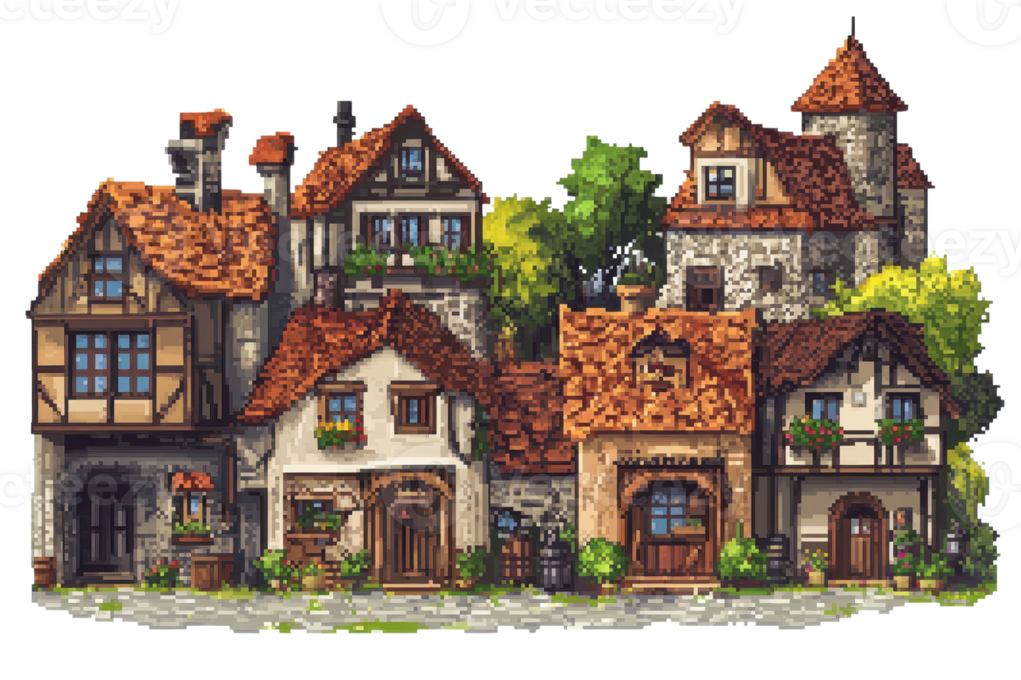 Charming, vintage village with cobblestone streets and rustic houses, embodying a nostalgic medieval European architectural style. png