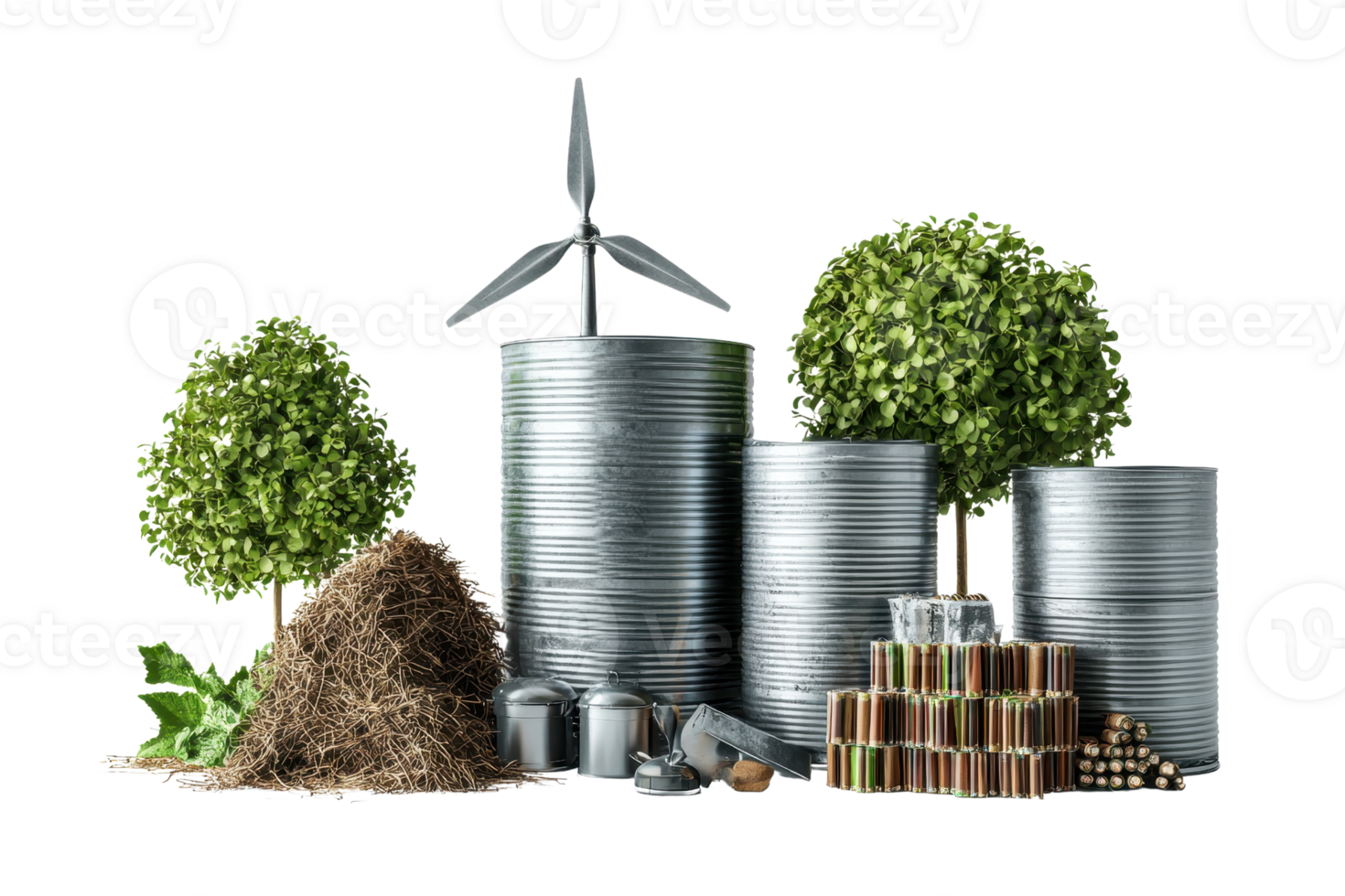 Renewable energy sources with wind turbines, trees, and batteries representing eco-friendly technologies and sustainability. png