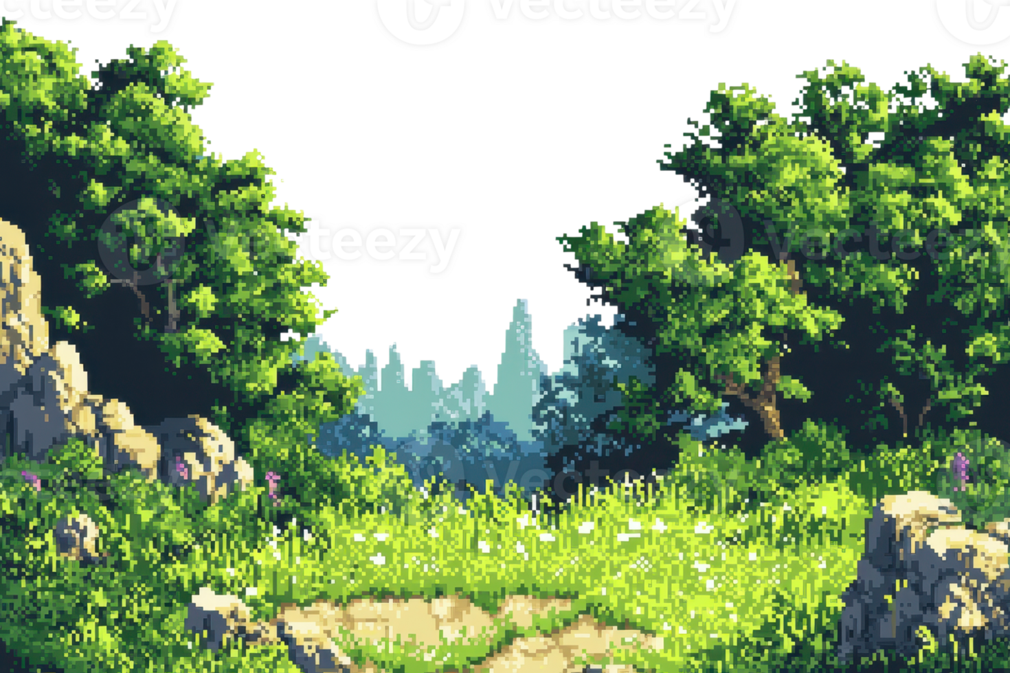 Pixel art nature scene featuring lush green trees, rocks, and a distant mountain. Ideal for game backgrounds and digital art projects. png
