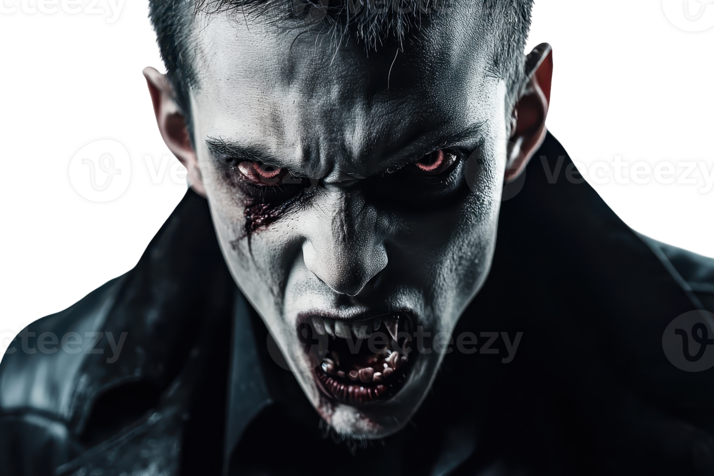 Close-up of a menacing vampire with fangs and red eyes in a dark setting, perfect for Halloween or horror themes. png