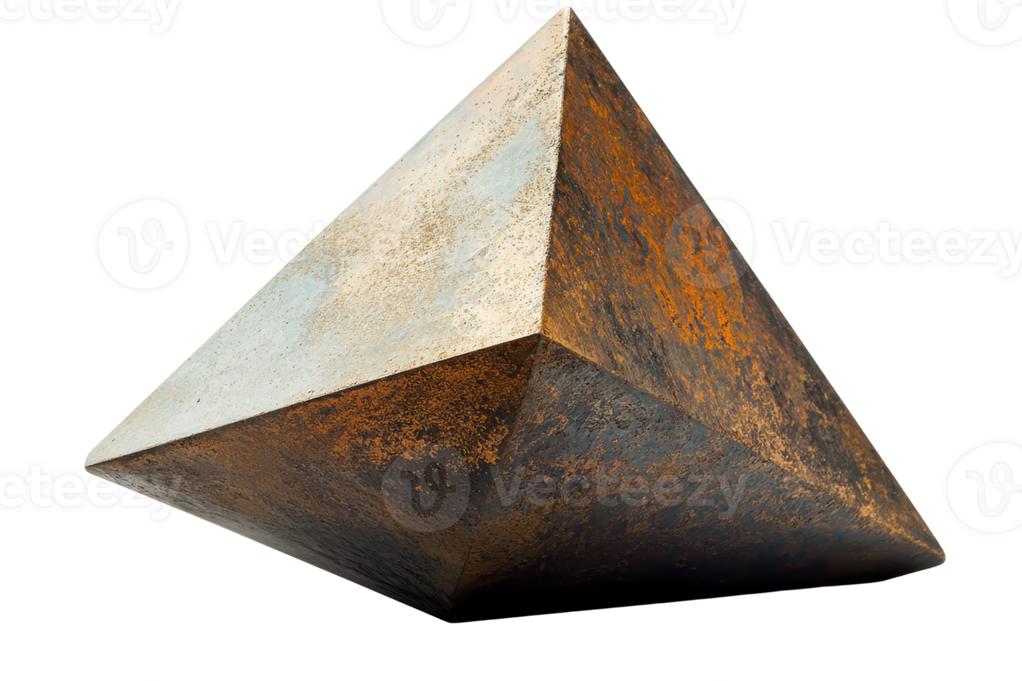 Rustic metallic tetrahedron with a weathered finish, showcasing intricate details and textures suitable for abstract and industrial concepts. png