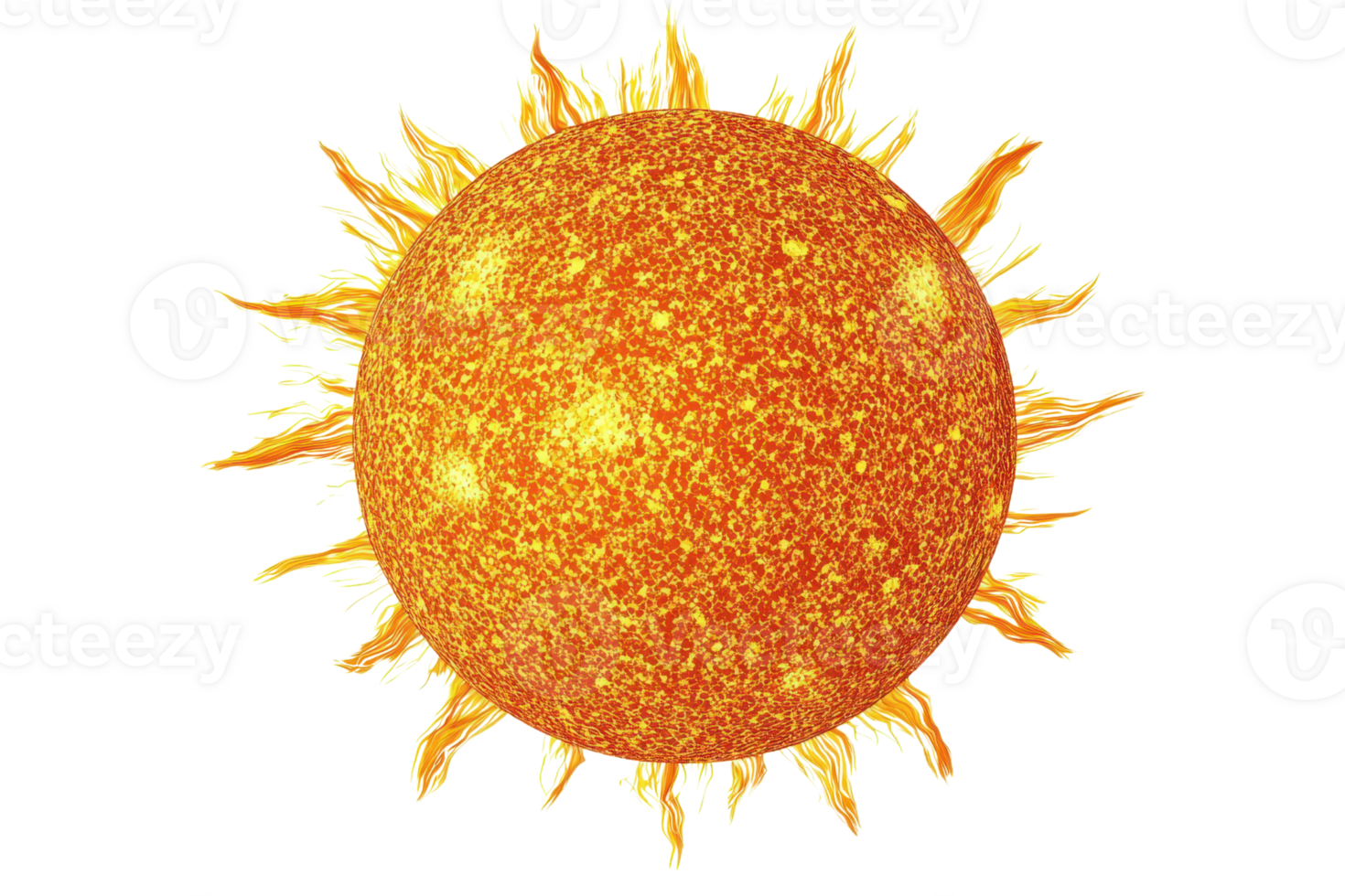 Bright, detailed illustration of the sun with glowing yellow and orange hues, radiating light and energy, on a transparent background. png