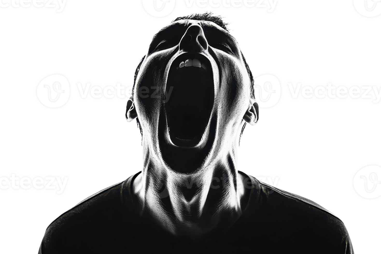 Silhouette of a person in shadow, screaming or shouting with an open mouth, expressing strong emotion in a dramatic, high-contrast image. png