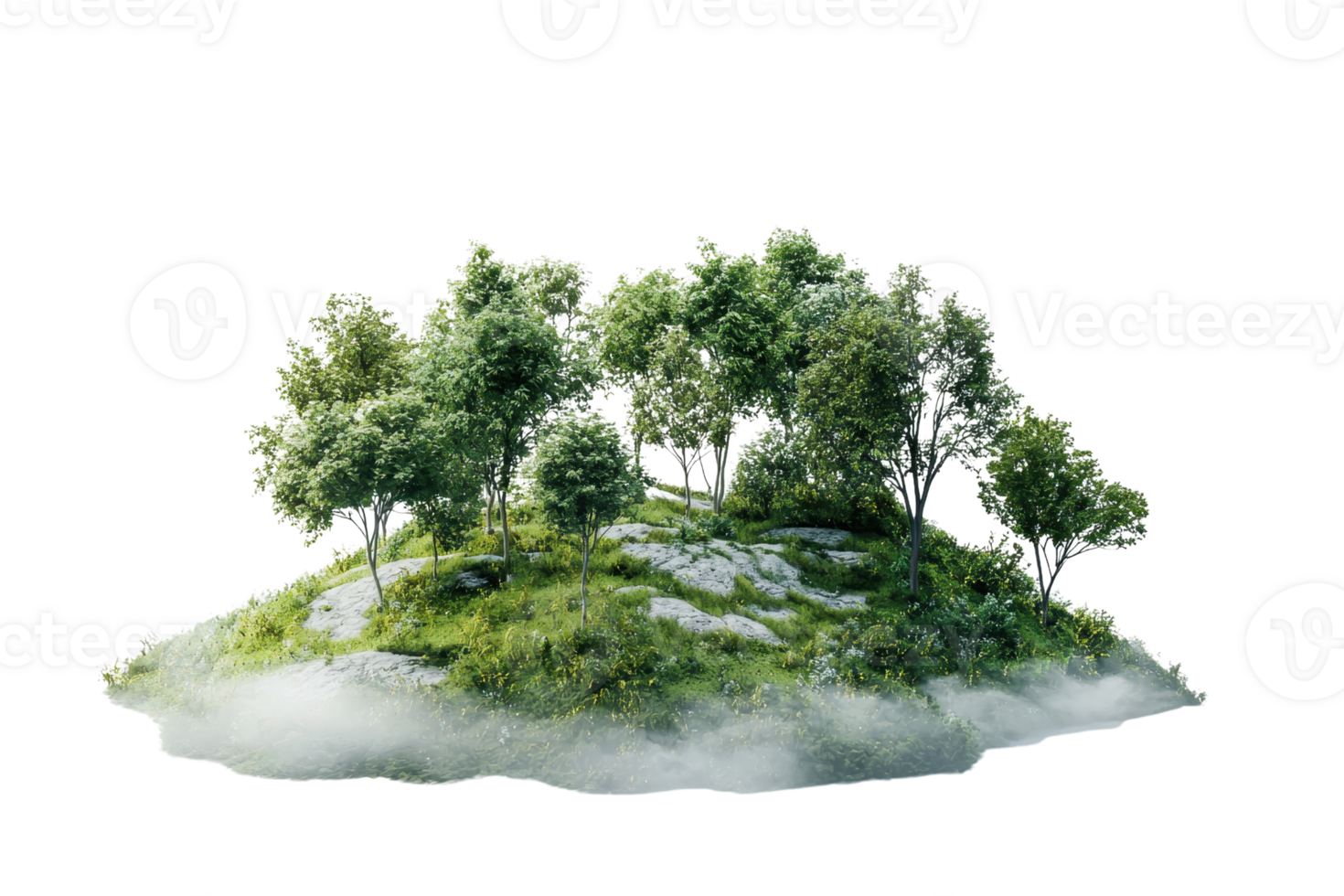 Scenic view of a small verdant hill with trees and grass, surrounded by fog, creating a serene and tranquil atmosphere. png