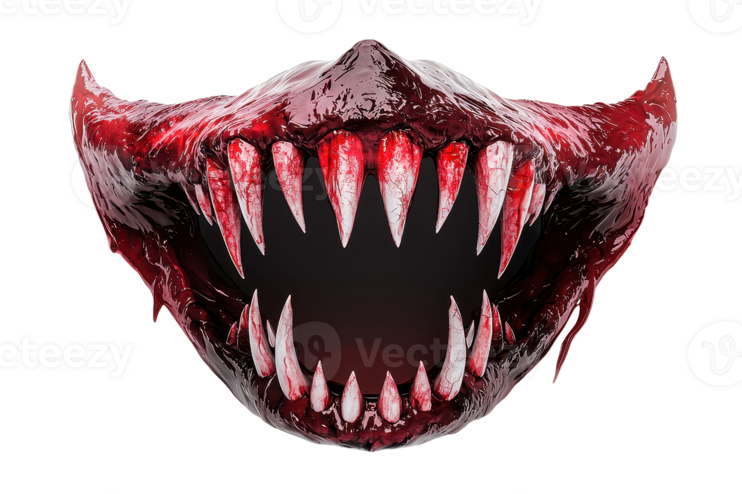 Terrifying close-up of a monstrous mouth with sharp, bloodied teeth, perfect for horror and Halloween themes. png