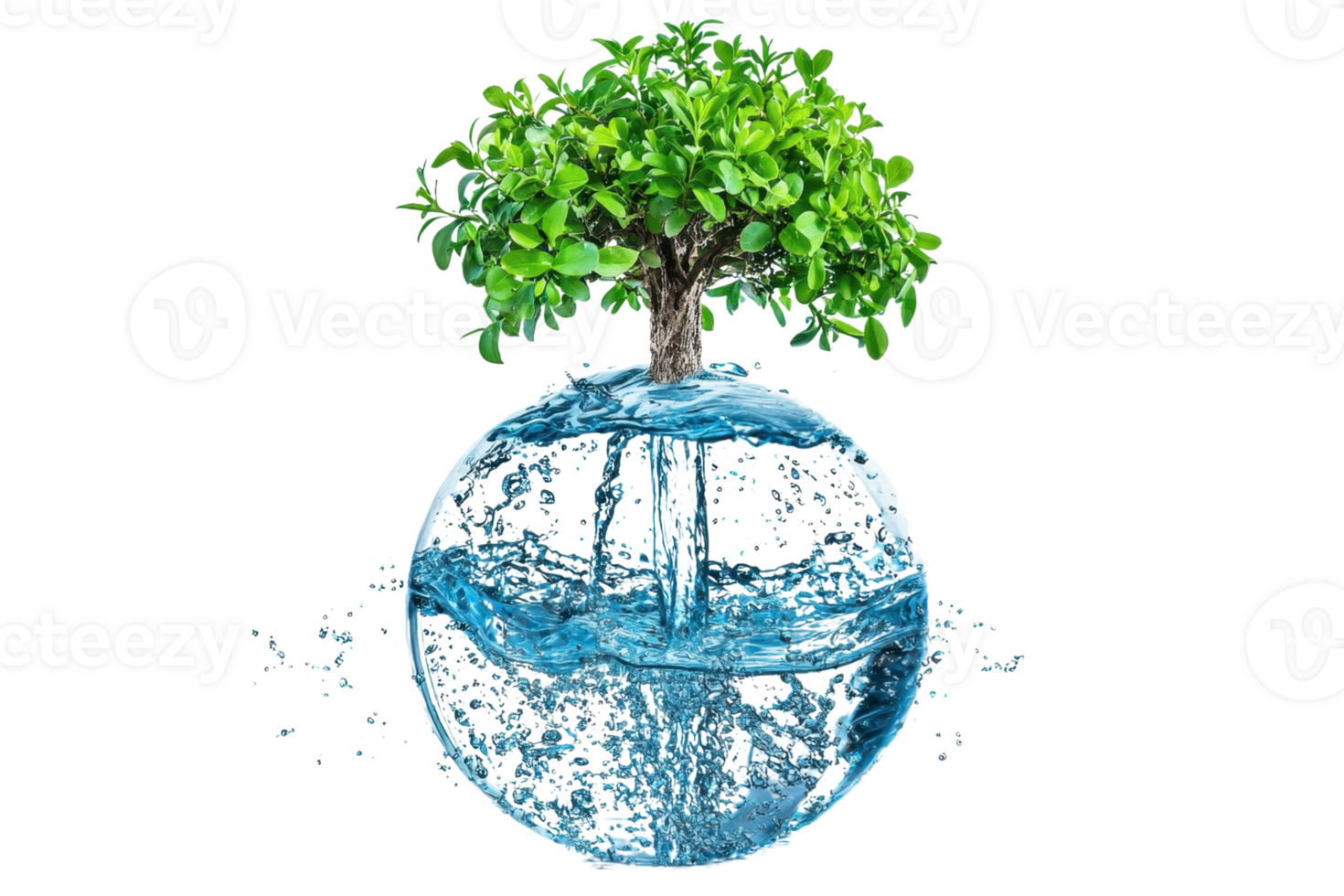Tree growing in water globe, symbolizing sustainability, environment, and growth. Conceptual image of nature conservation. png