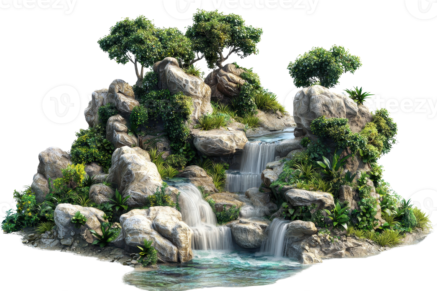 Scenic waterfall cascading over rocks surrounded by lush vegetation, creating a tranquil natural landscape. png