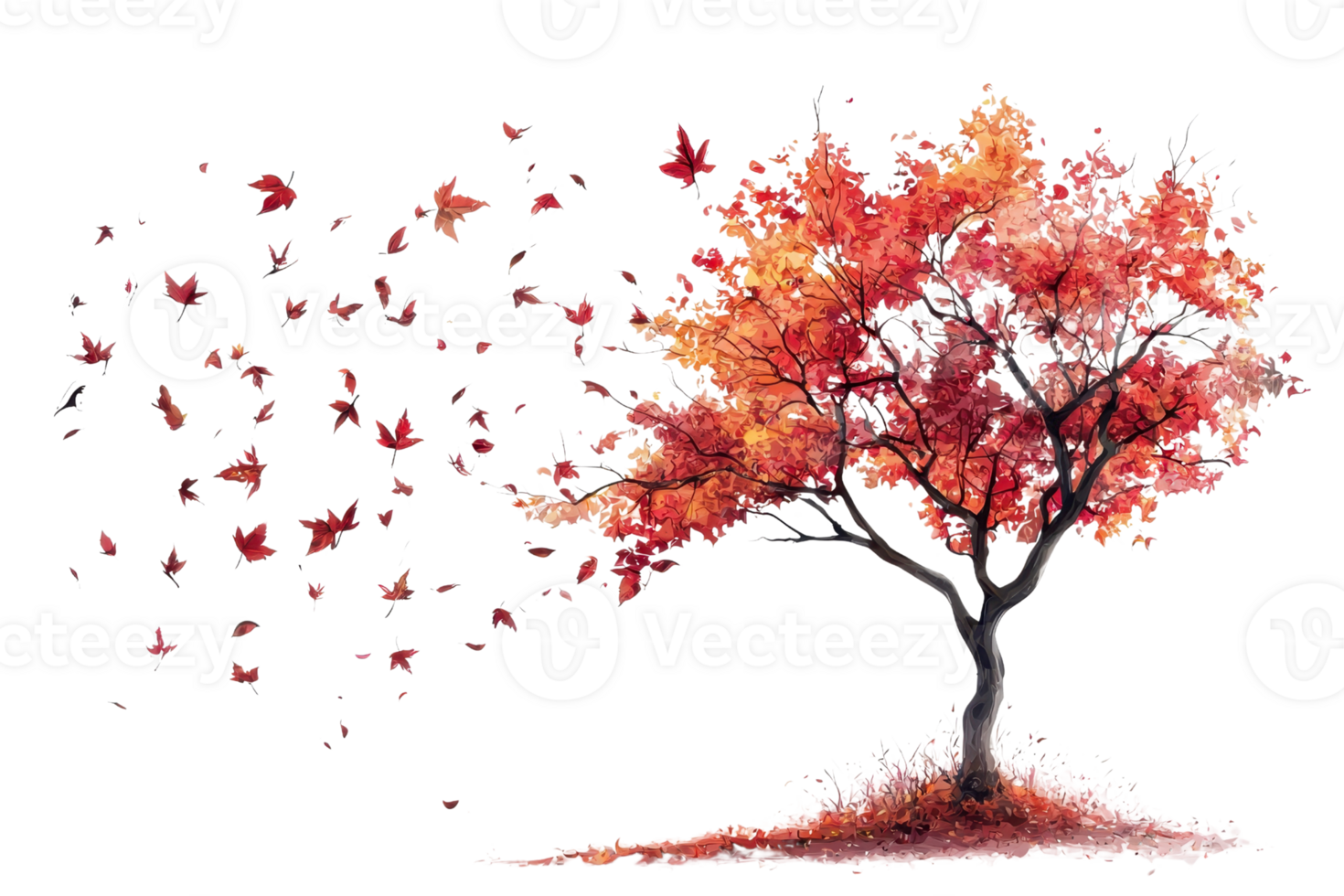 Vibrant autumn tree with falling leaves, symbolizing change and the beauty of the fall season. Perfect for seasonal and nature-themed designs. png