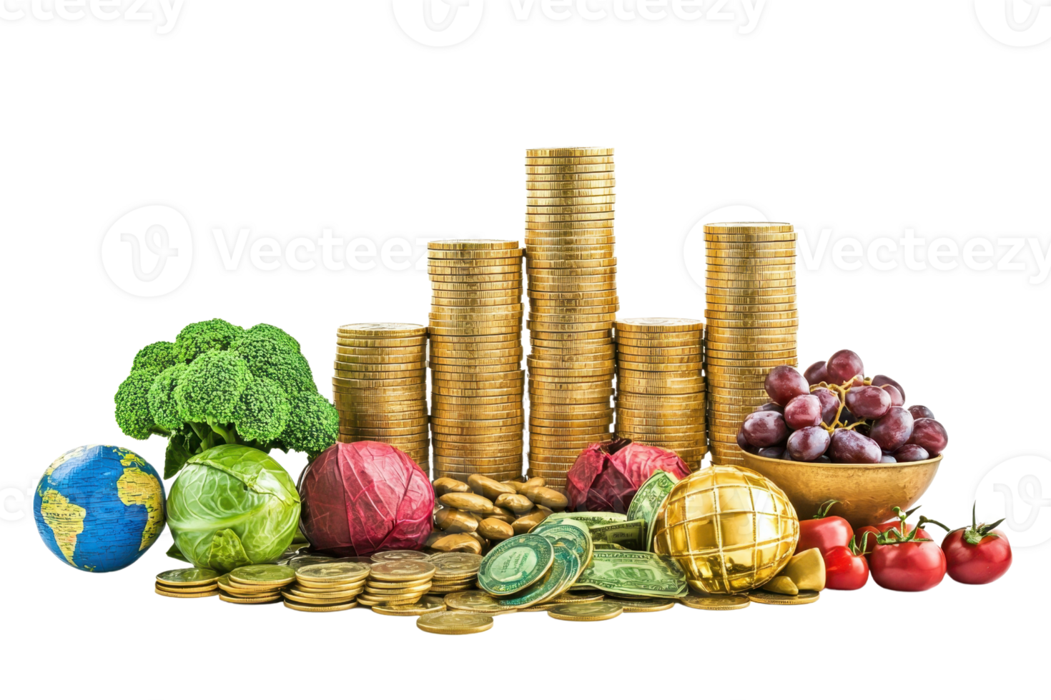 Still life with stacked coins, globe, and various vegetables and fruits symbolizing wealth, abundance, and global trade. png